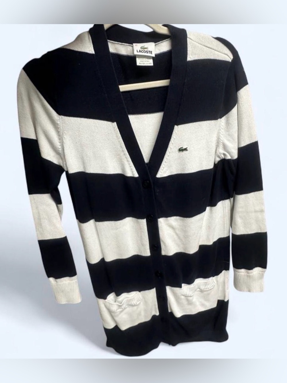 Lacoste Men’s Navy & White Striped V-Neck Cardigan